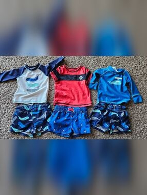 3-Piece Kids Swim Set - Red & Blue Rash Guards with Whale Print Shorts